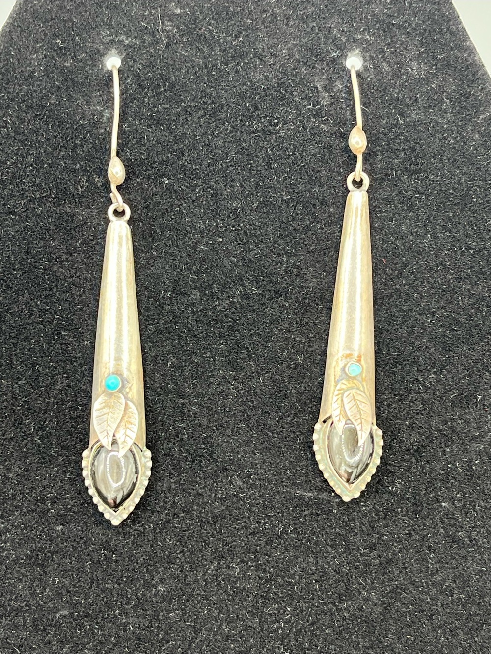 Stunning Vintage 3 Inch Sterling Native American Black Onyx Turquoise Earrings - Picture 3 of 8